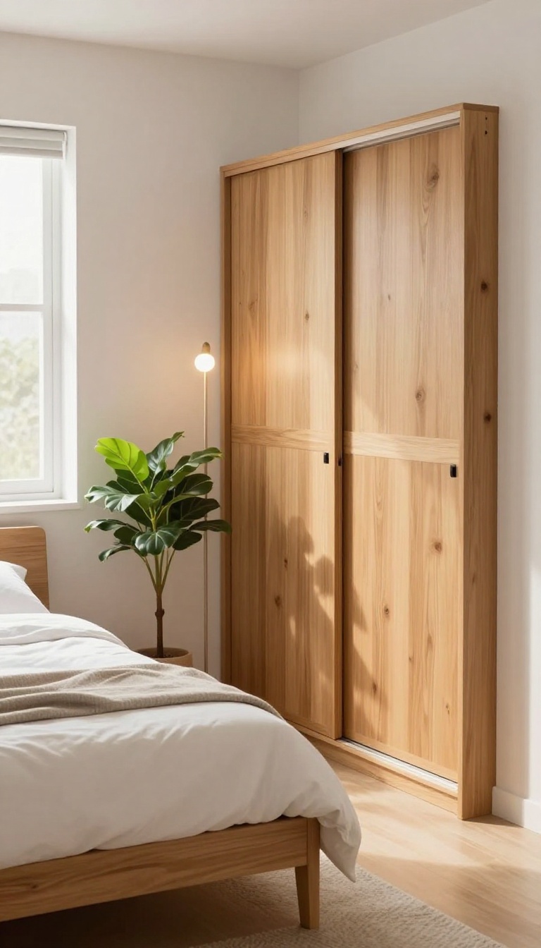 Small bedroom with a wardrobe tucked into the corner, freeing up wall space, with a floor lamp and plant nearby.