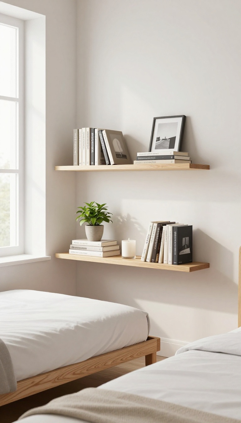 Floating shelves above a bed in a small bright bedroom, styled with books, a plant, and decor items.