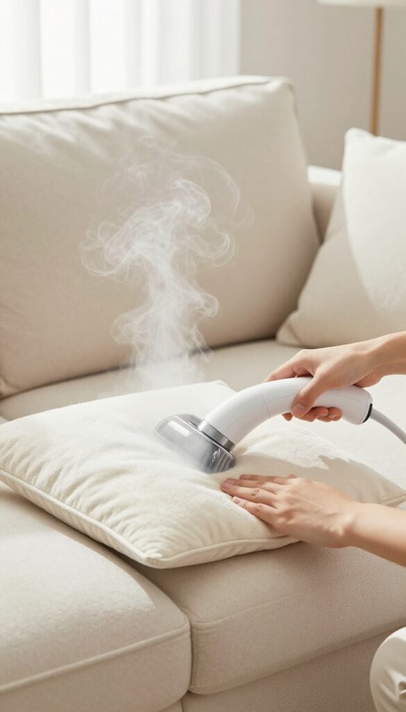 Person using a handheld steam cleaner on a couch cushion in a bright living room