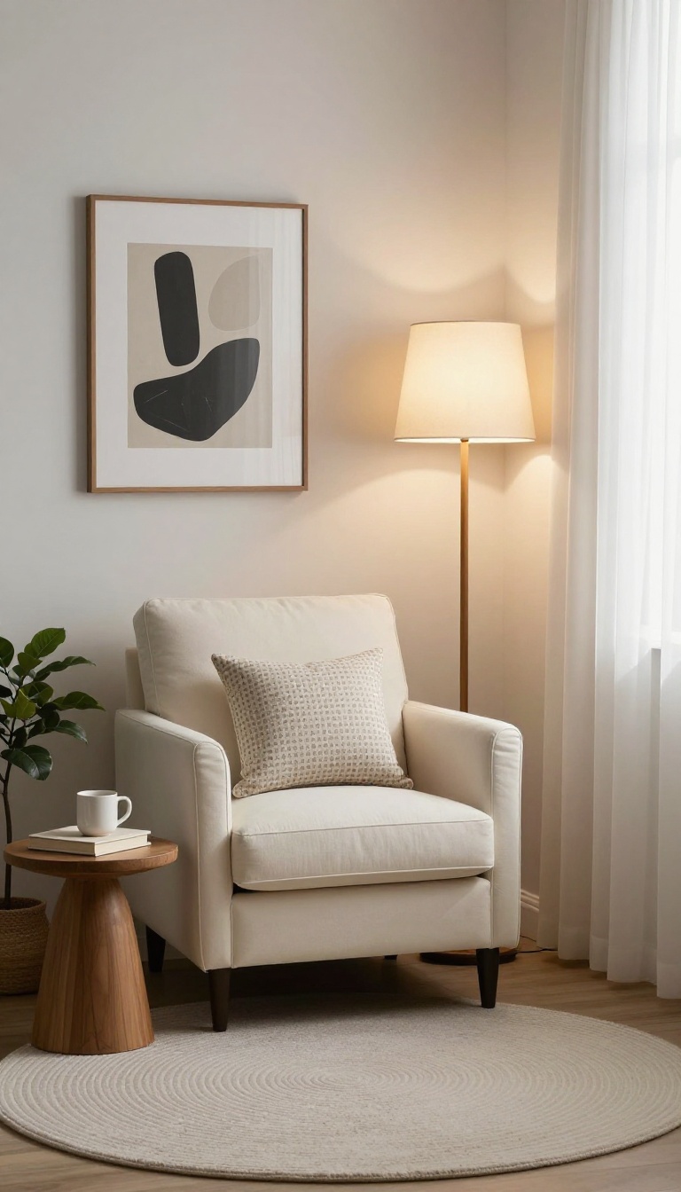 Cozy reading nook in a small boutique-style bedroom corner with armchair, side table, floor lamp, rug, plant, and art