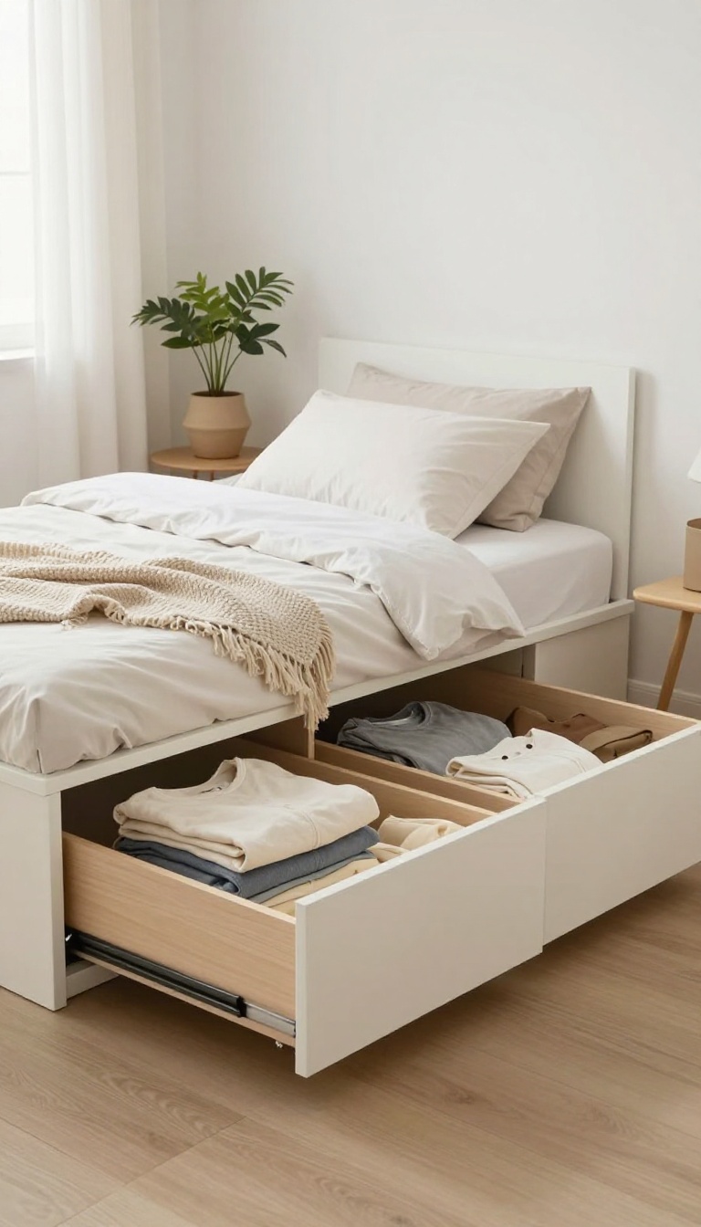 Small bedroom with platform bed and built-in under-bed storage drawers, neatly organized and bright