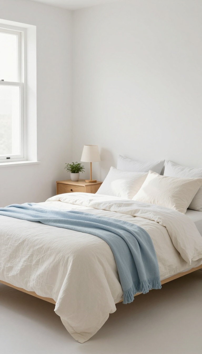 Bright small bedroom with light airy colors on walls and bedding, creating a spacious feel.