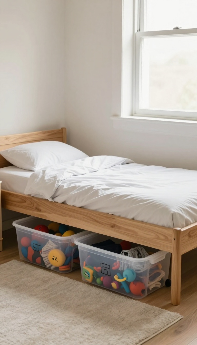 Under-bed storage bins with toys and clothes in a boy's bedroom