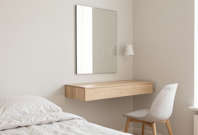 Small guest room with space-saving furniture and light decor