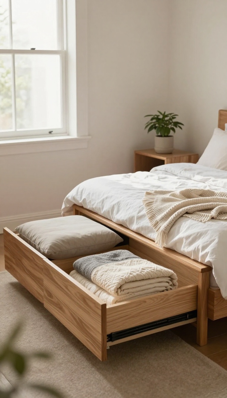 Cozy small bedroom with a bed featuring built-in storage drawers and a storage ottoman, bathed in natural light