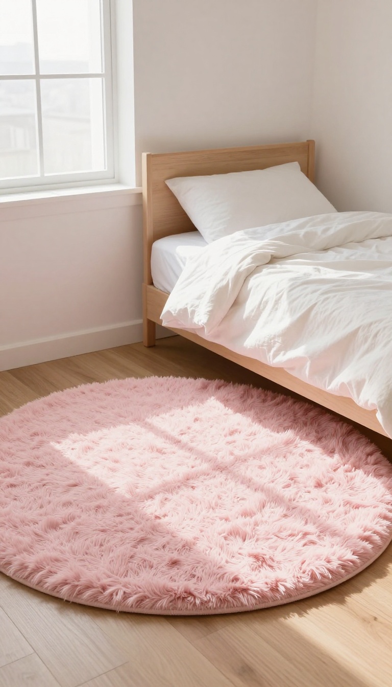 A plush round pink rug under a bed in a small cozy bedroom, adding warmth and texture.