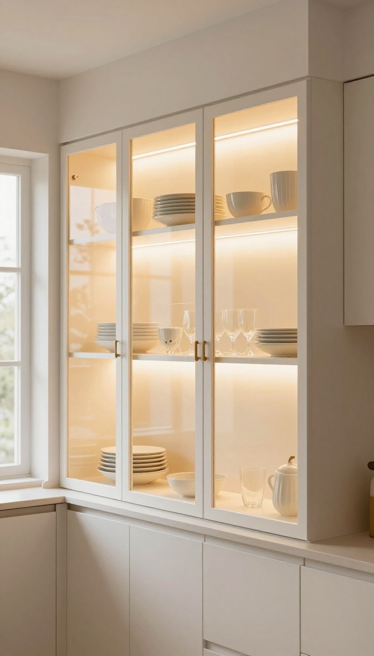 Glass-front upper kitchen cabinets with warm interior LED lighting showcasing dishware