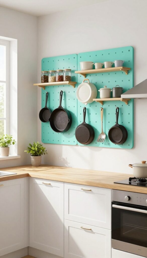 Turquoise pegboard in a bright kitchen holding pots and pans, with a small shelf and plant above