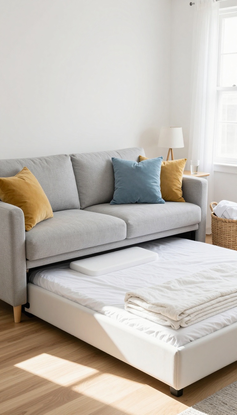 A trundle sofa guest room setup with the trundle bed pulled out, styled with cozy bedding and a nearby storage basket.