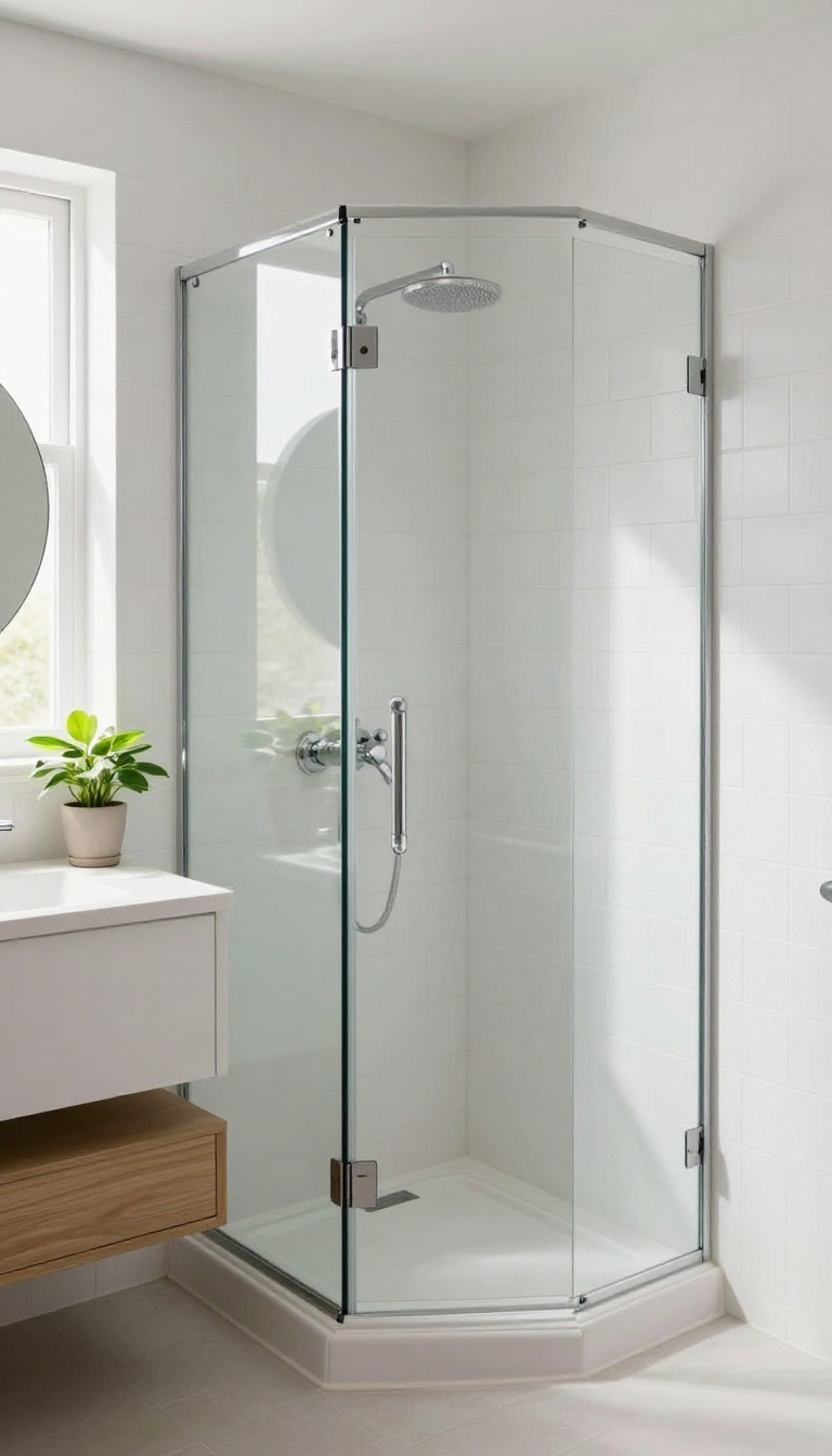 Small bright bathroom with a corner shower using a curved glass enclosure, white tiles, and a compact vanity, showcasing a space-saving design.