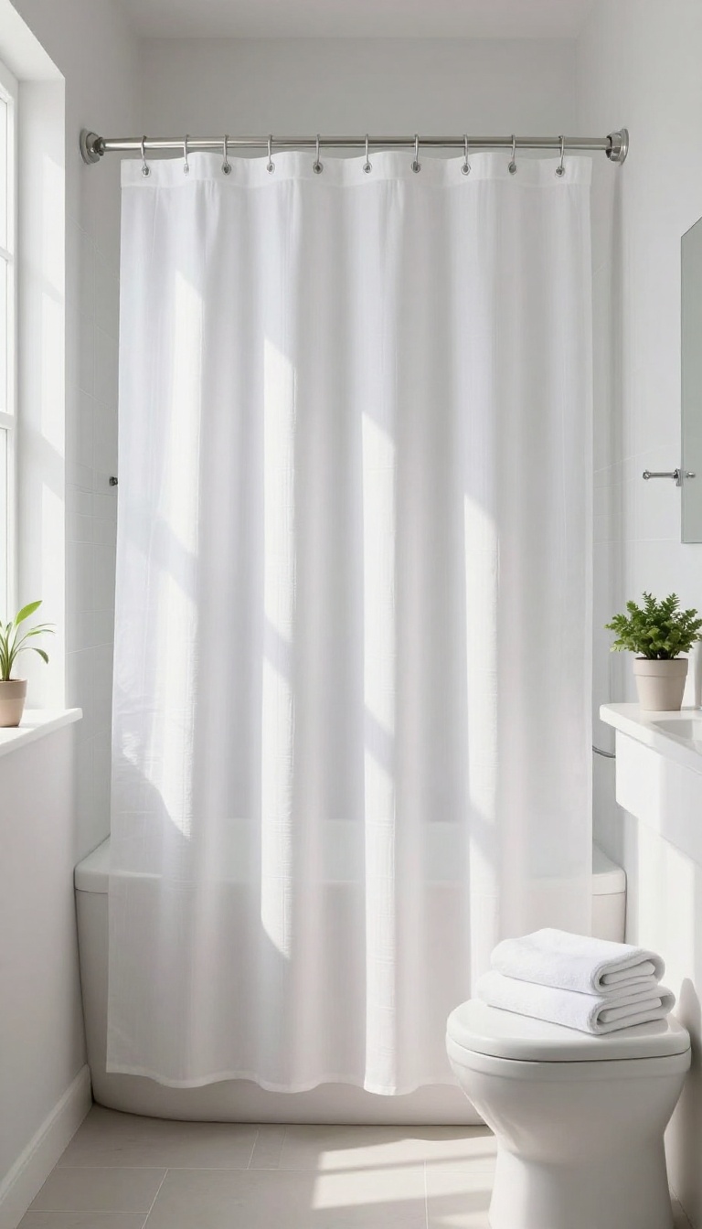 Upgraded guest bathroom with a fabric shower curtain and matching liner, bright and uncluttered.