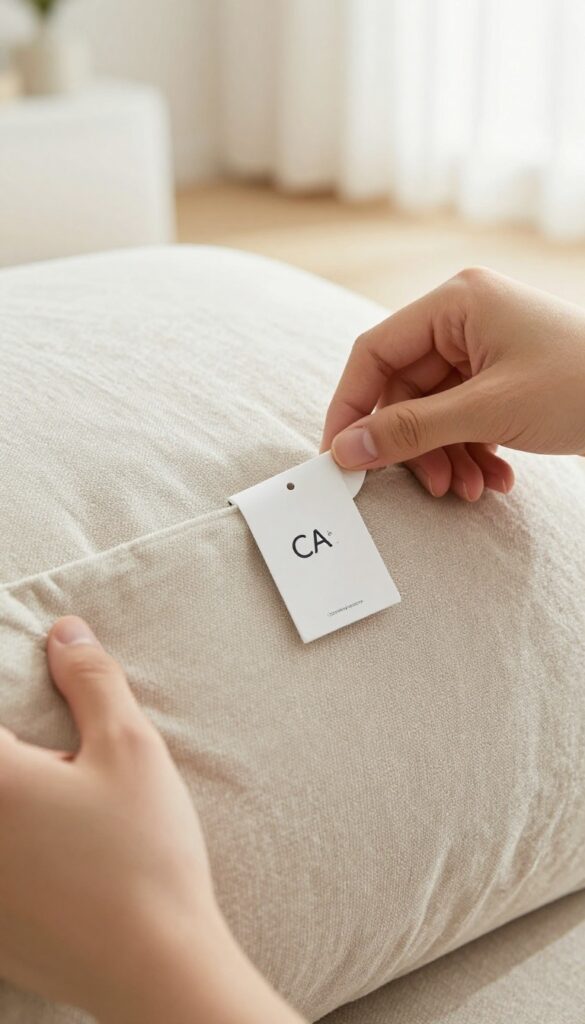 Hands flipping a couch cushion to check the care tag for cleaning instructions