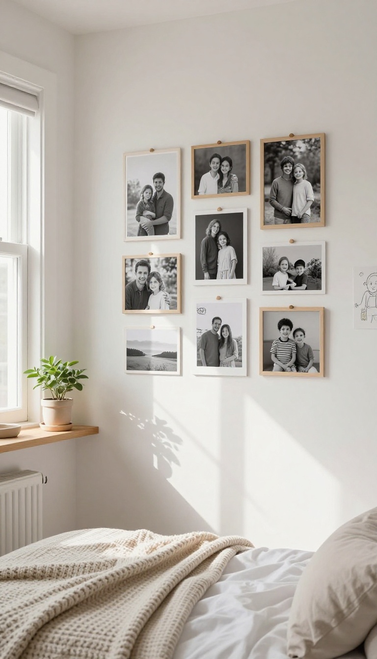 Cozy bedroom corner with a gallery wall of personal photos and art in simple frames, a small shelf with a plant, and a bed with a knit throw.