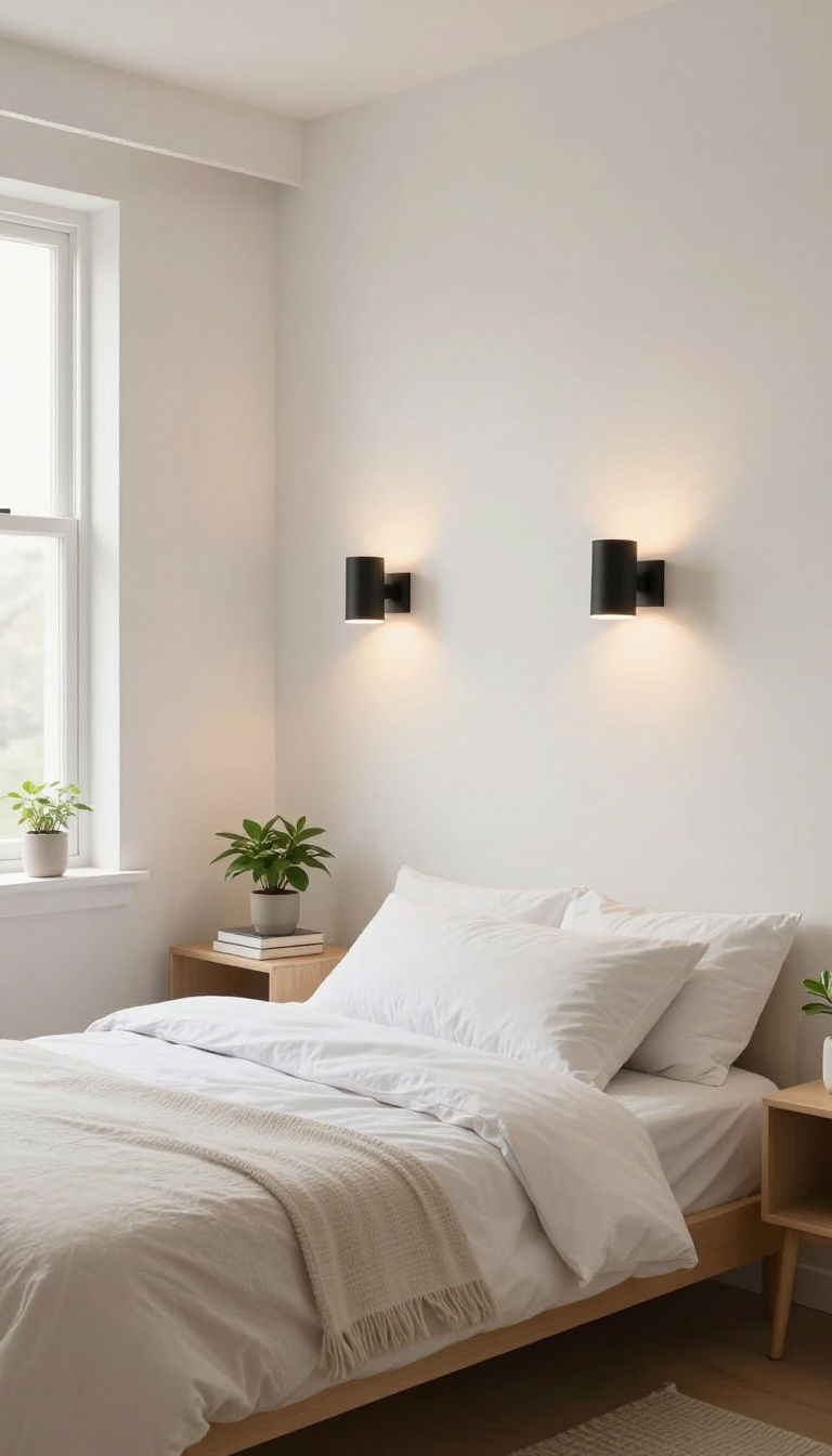 Small bedroom with wall-mounted lights above nightstands, creating a space-saving and cozy ambiance.
