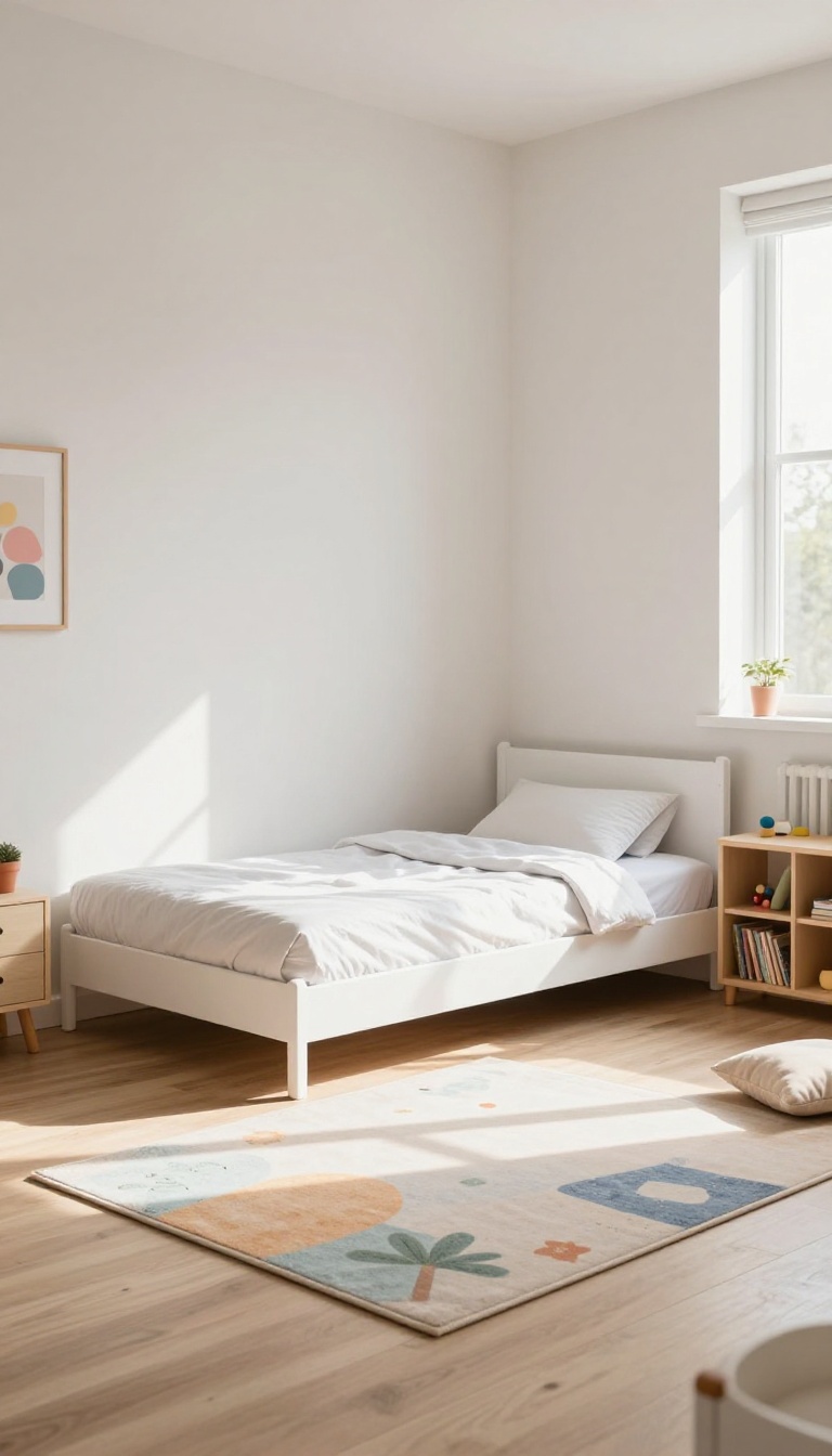 Kids bedroom with a folded Murphy bed, open play area, and natural light