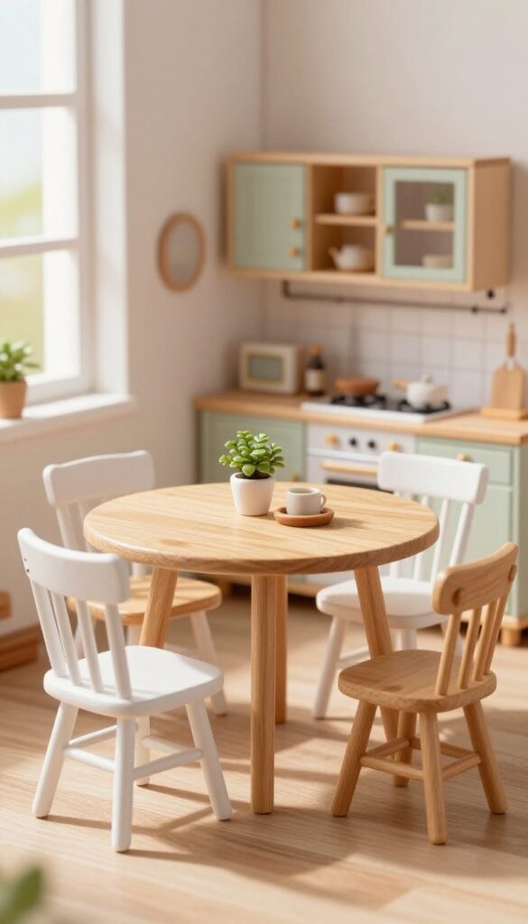Eclectic kitchen table with mismatched chairs in a cute, realistic miniature style