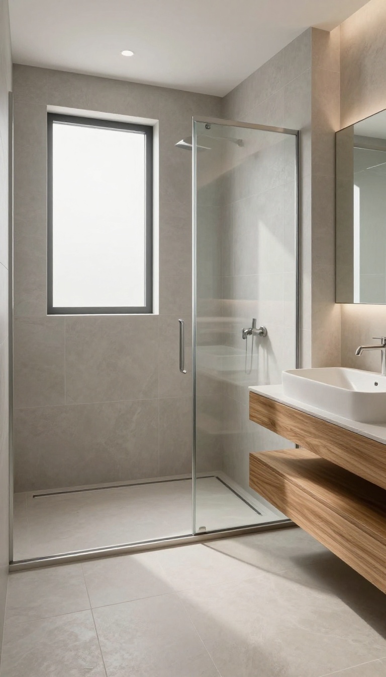 Curbless walk-in shower with large-format tiles creating a seamless, open bathroom design