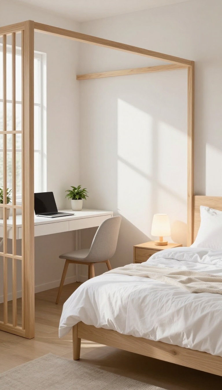 Guest room with slatted wood room divider separating a bed nook from a desk area, bright natural light, neutral decor