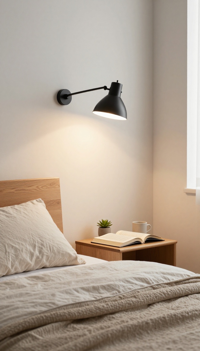 Small bedroom with a wall-mounted swing-arm reading lamp above the bed, freeing up nightstand space.