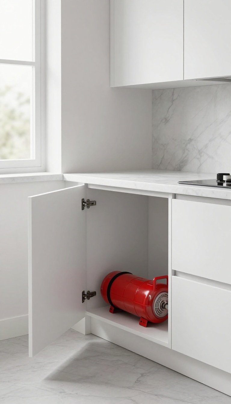 Under-counter drawer with vent holding a gas cylinder in a modern kitchen