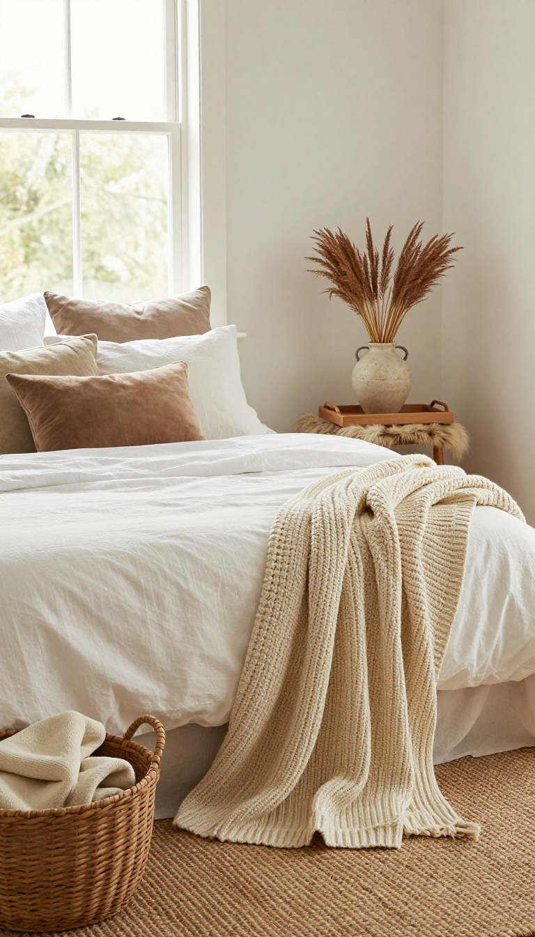 Guest bedroom with natural textures like a chunky knit throw, jute rug, and woven basket, creating a warm and inviting atmosphere.