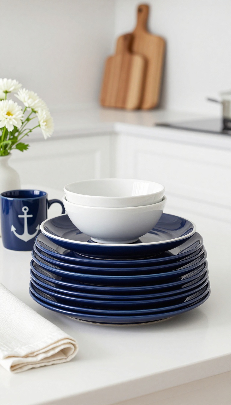 Navy and white dinnerware set on a kitchen table with white flowers and linen napkin, styled for a coastal kitchen look.