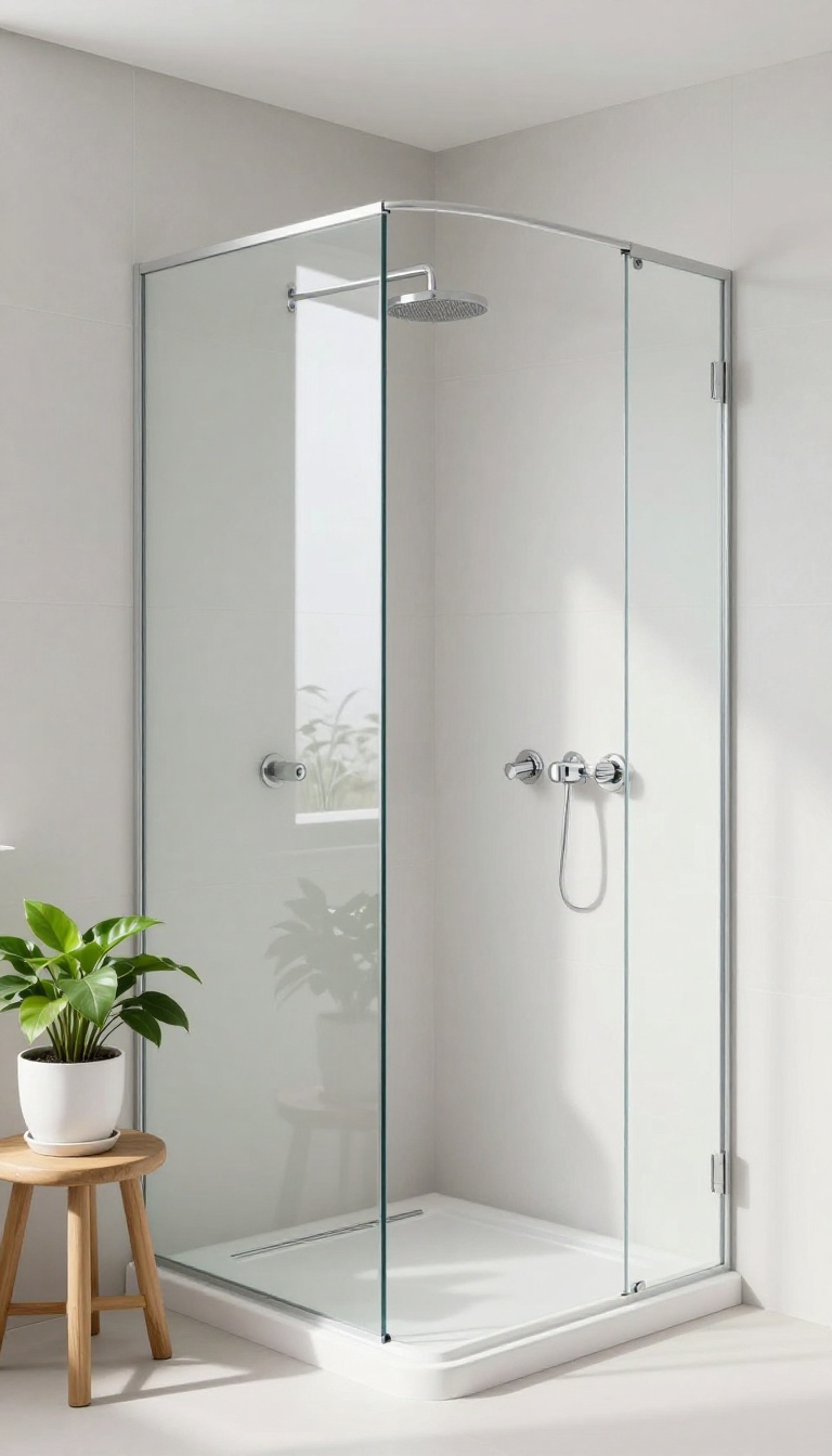 Modern bathroom with a white acrylic shower tray in a glass corner shower, featuring clean lines and natural light.