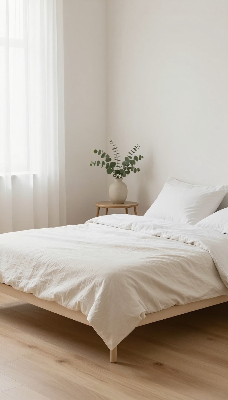 Small guest bedroom with a low-profile platform bed and minimalist decor, showcasing a slim bed frame that opens up the space.