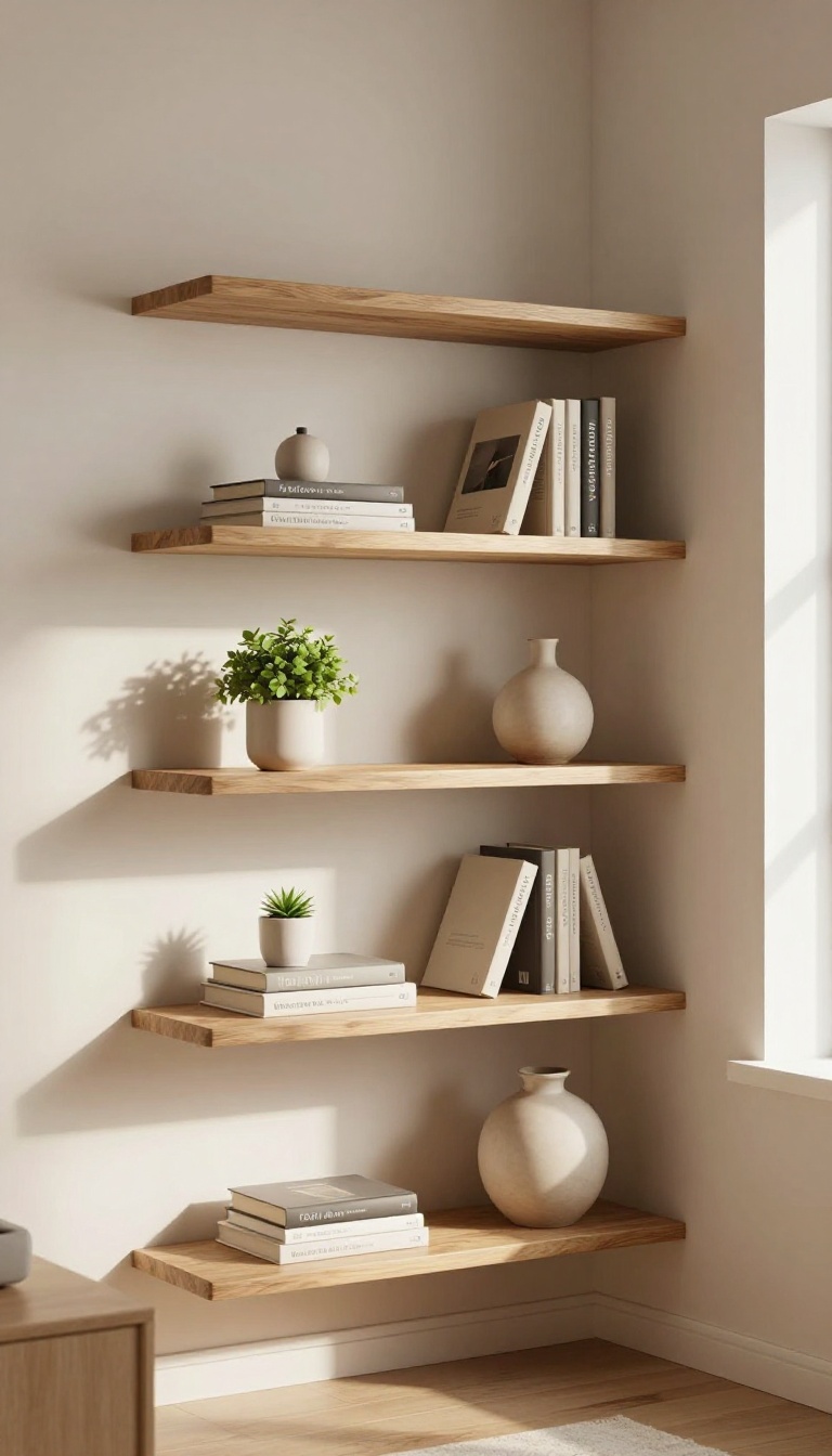Floating corner shelves in a bright bedroom displaying books, a plant, and decor