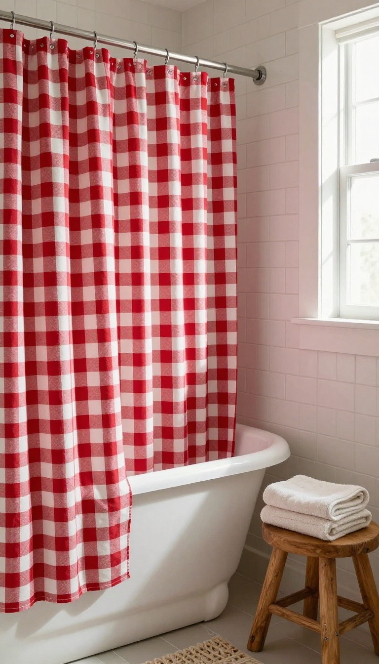 Farmhouse bathroom with red gingham shower curtain, wooden stool, and woven basket