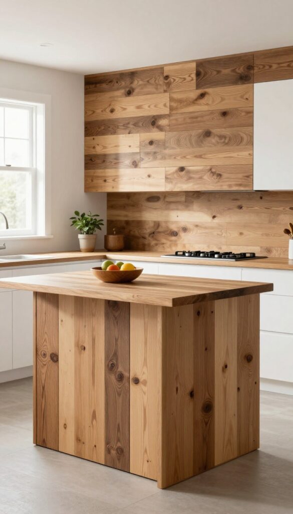 Kitchen island with reclaimed wood back panel in a bright farmhouse kitchen