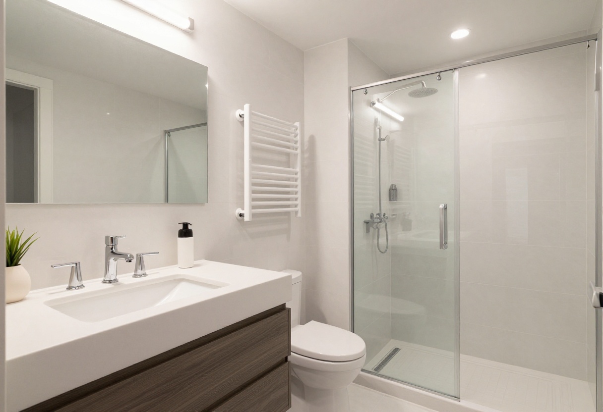 Modern guest bathroom with floating vanity and glass shower