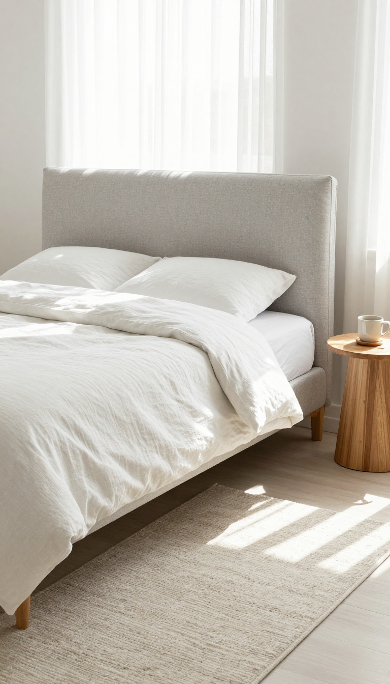 Guest house bedroom with durable, easy-clean materials including performance fabric upholstery and a washable indoor-outdoor rug.