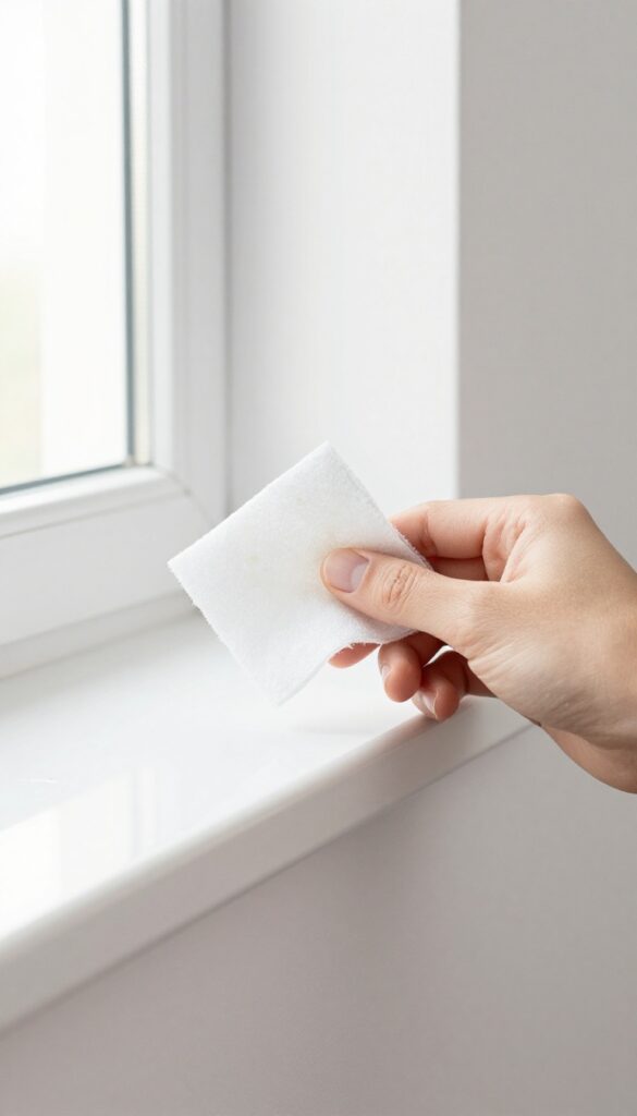 Hand using a dryer sheet to clean a baseboard in a bright home
