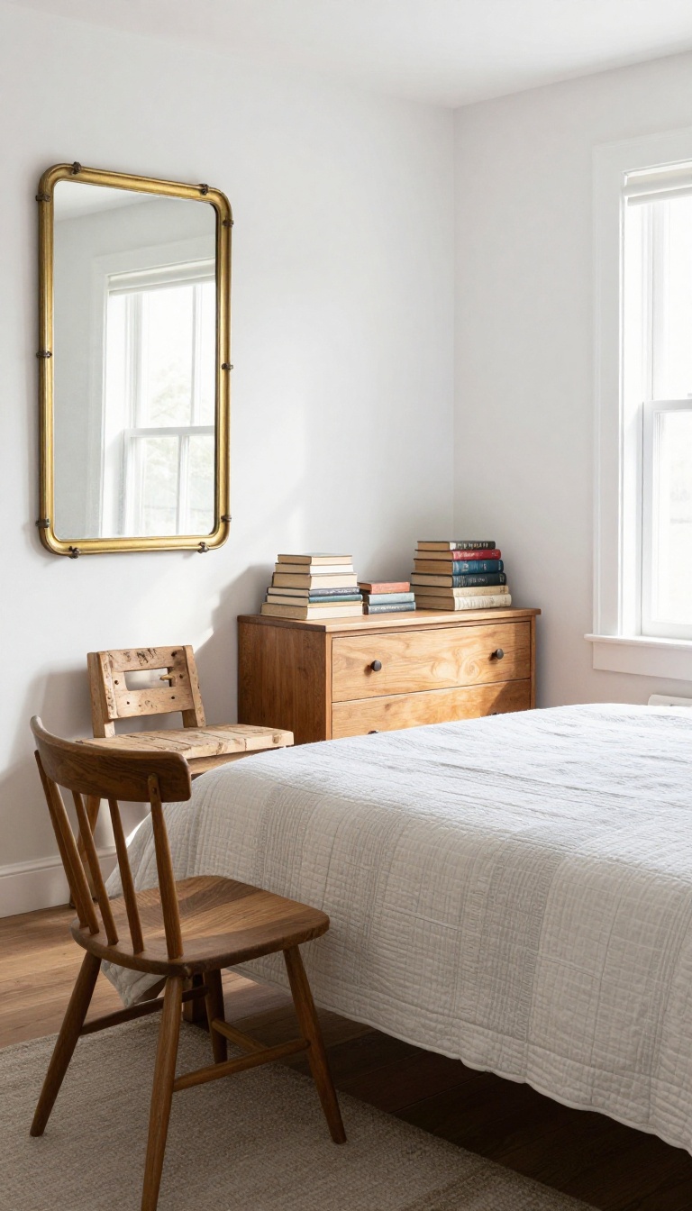 Guest room with vintage brass mirror, old books, and quilt, mixing eras for a collected look.