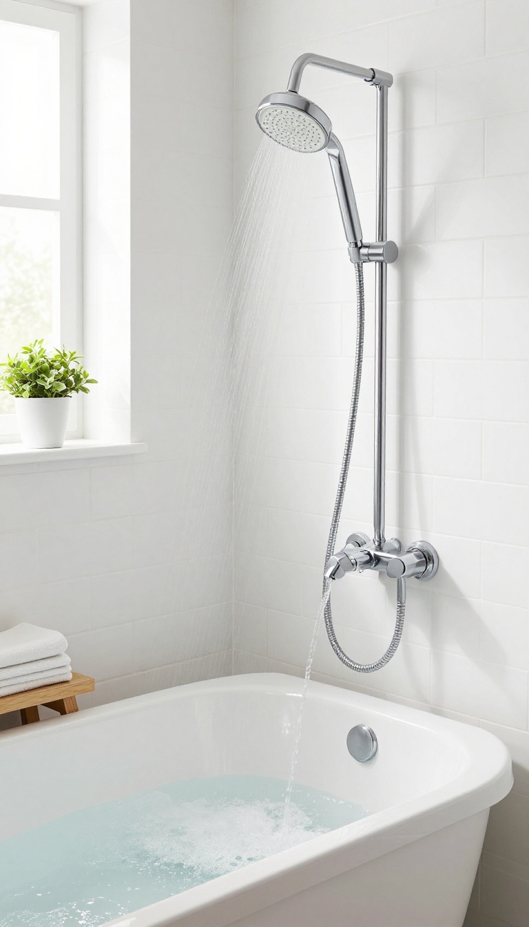 Small bathroom with a bathtub fitted with a shower-to-bath conversion kit, handheld showerhead in use, and natural light.