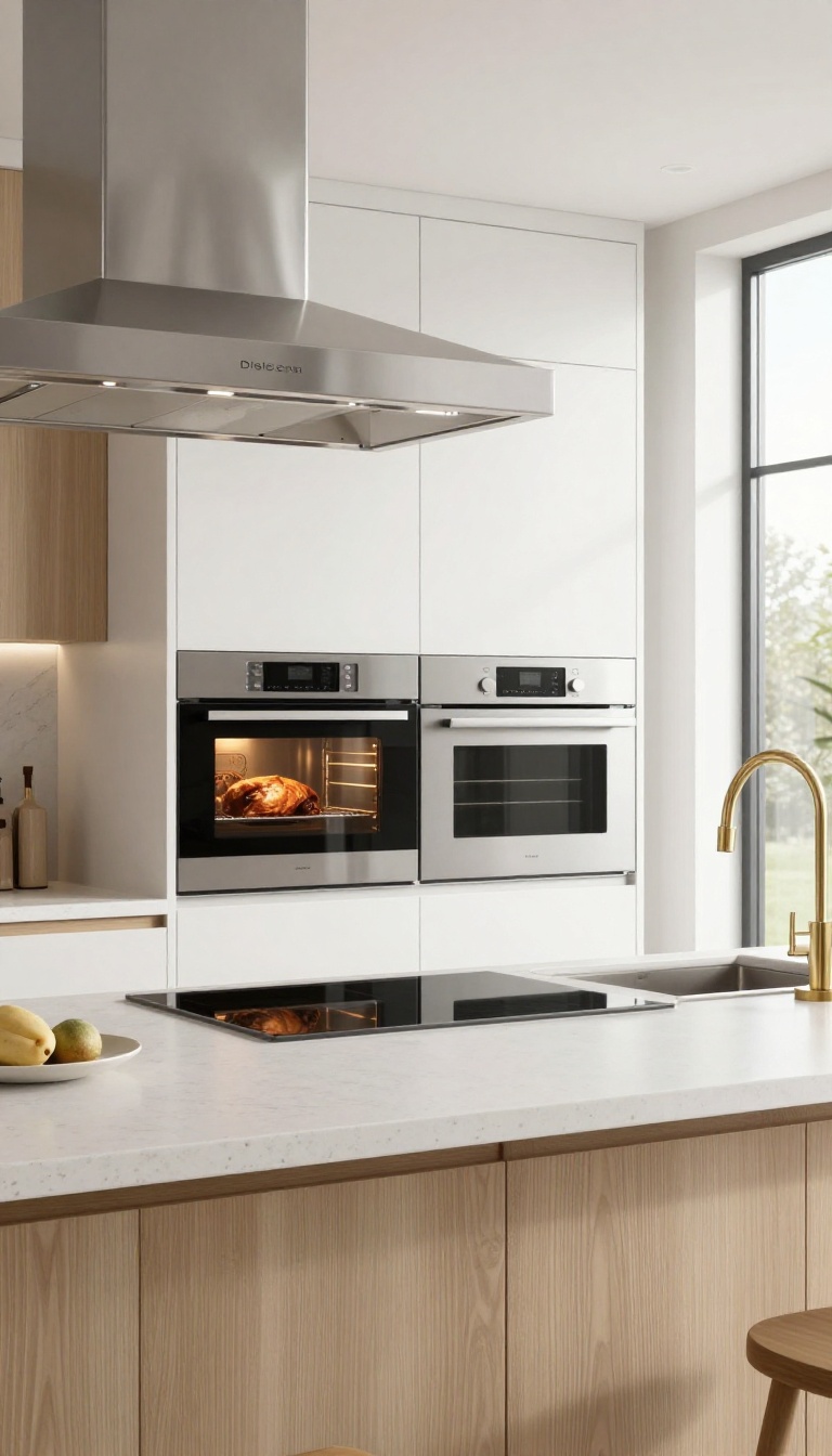 Modern kitchen with built-in oven and cooktop combo, integrated into island and tall cabinet
