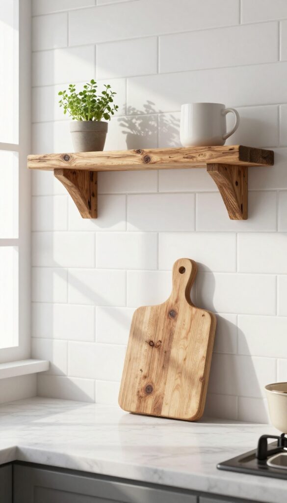 Rustic wood shelf above kitchen sink with minimal decor