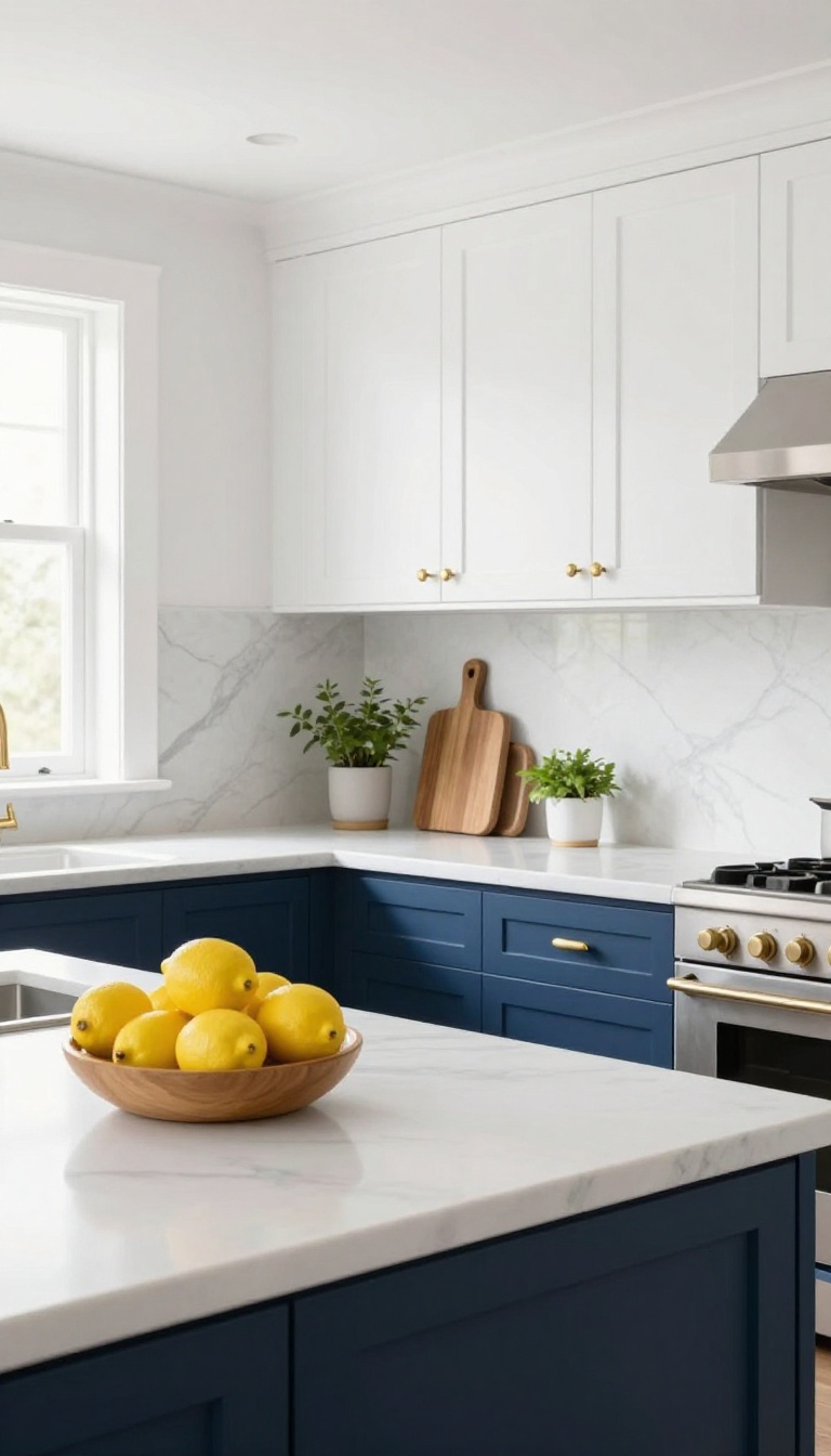Navy lower cabinets with white uppers in a bright kitchen