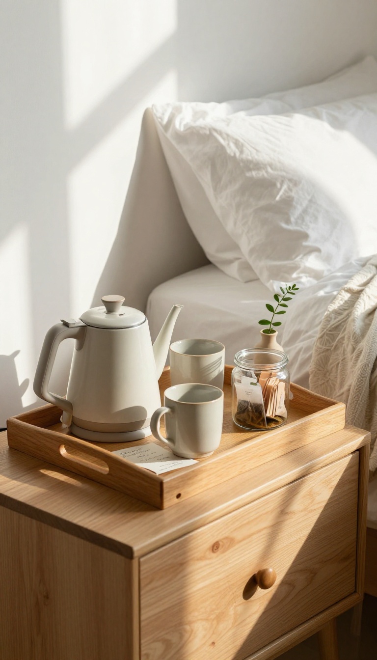 Guest bedroom with a mini beverage station on a dresser, including a kettle, mugs, and tea supplies.