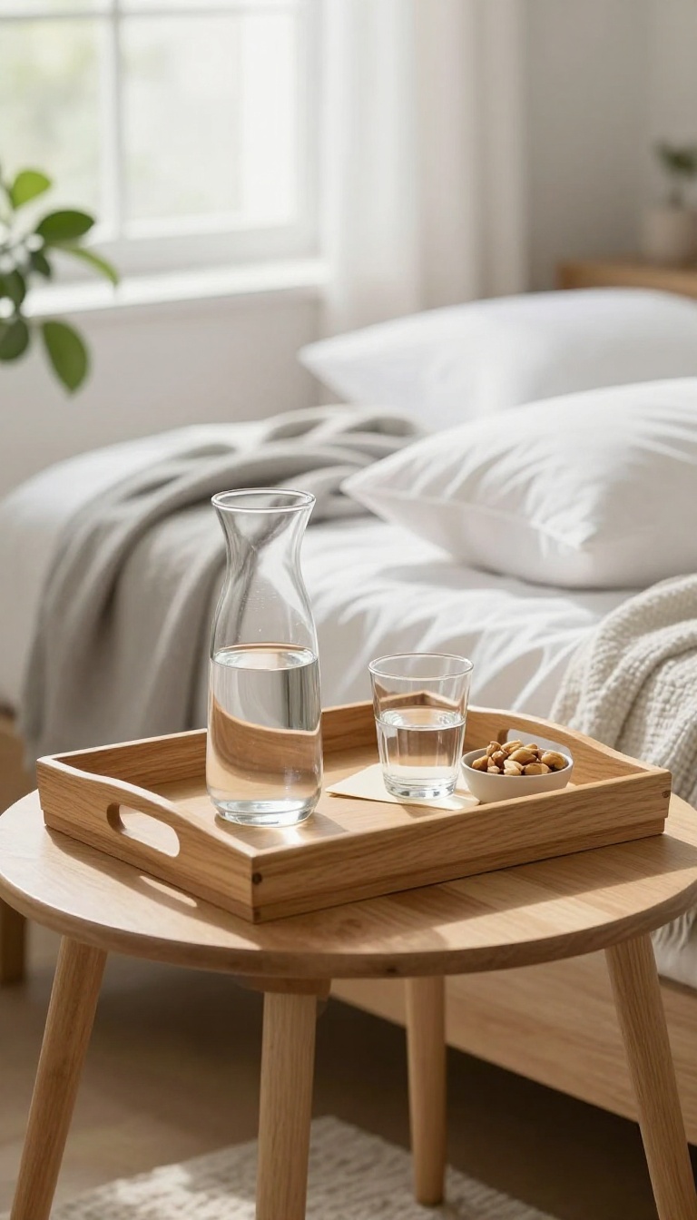 A simple welcome tray with water and snacks on a nightstand in a bright, cozy guest room.