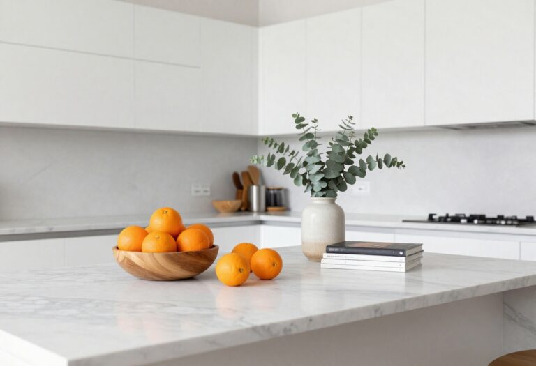 Elegant kitchen countertop decor with fruit bowl, vase, and cookbooks