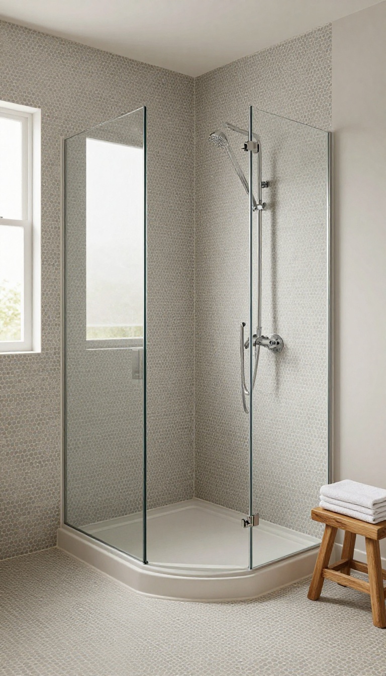 Grey penny tile shower with curved bench and niche in a bright, retro-inspired bathroom