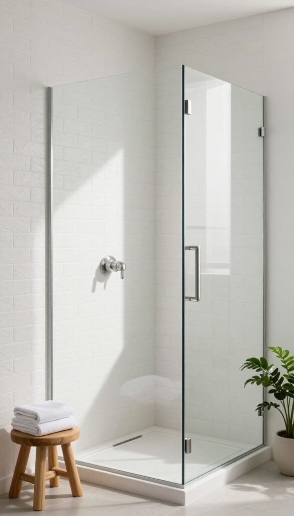 Textured white brick tile shower with natural light and minimalist fixtures