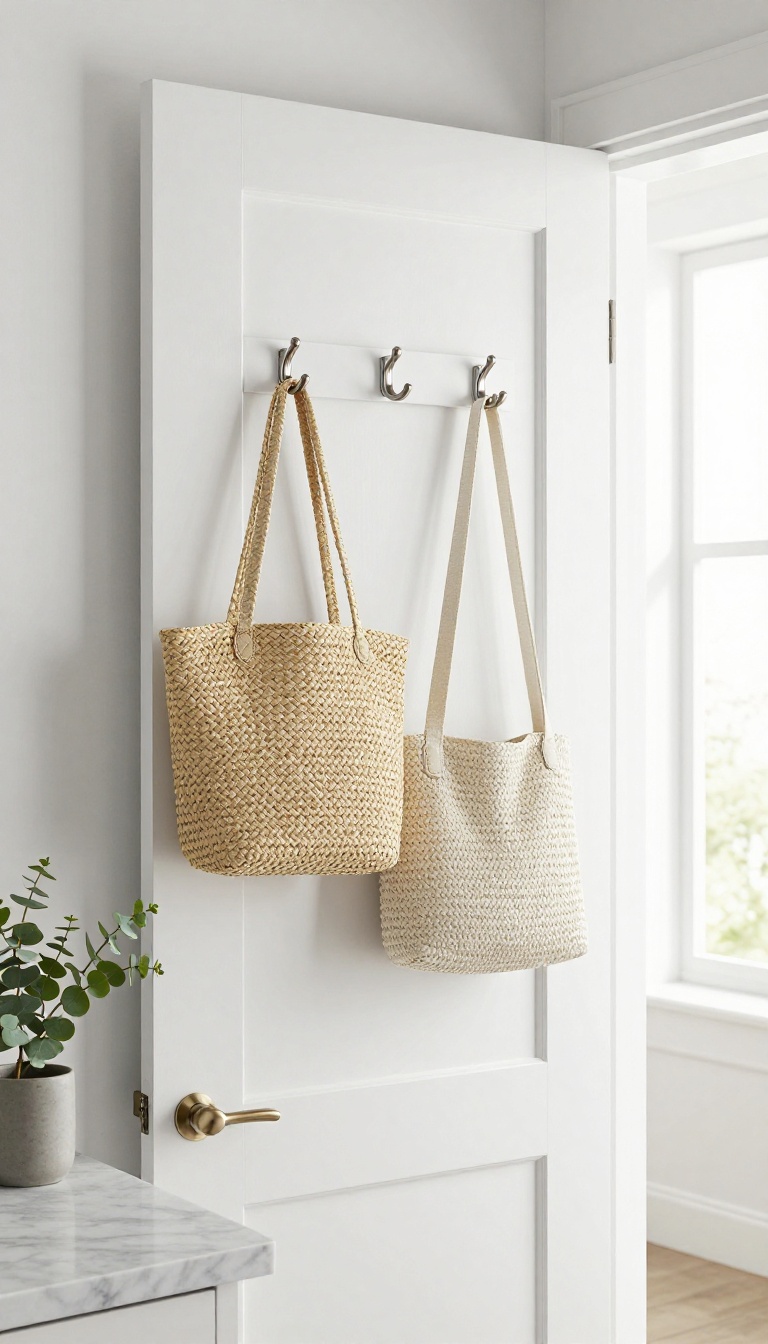 Guest bathroom with a slim over-the-door hook rack holding a coat and a bag, styled with marble counter and eucalyptus plant.
