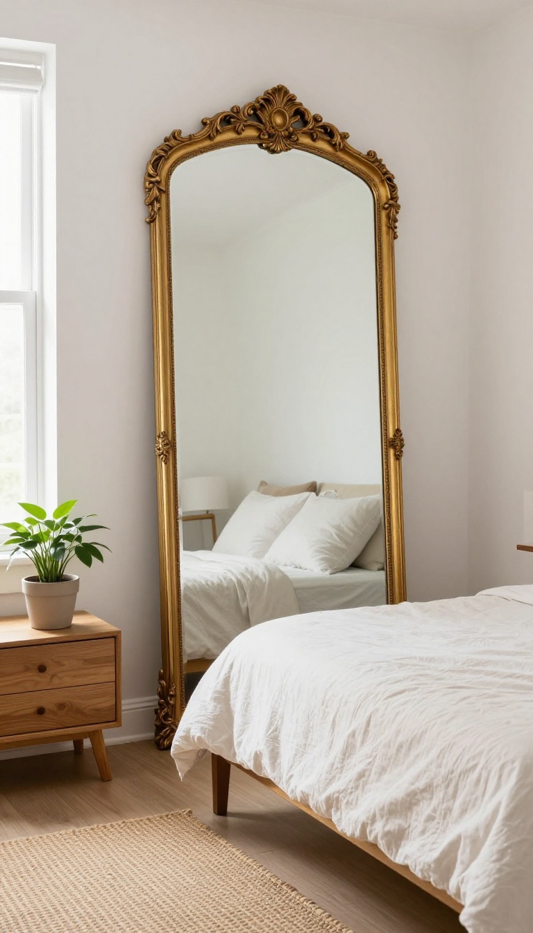 A large mirror leaning against a wall in a small bedroom, reflecting light and making the space feel larger.