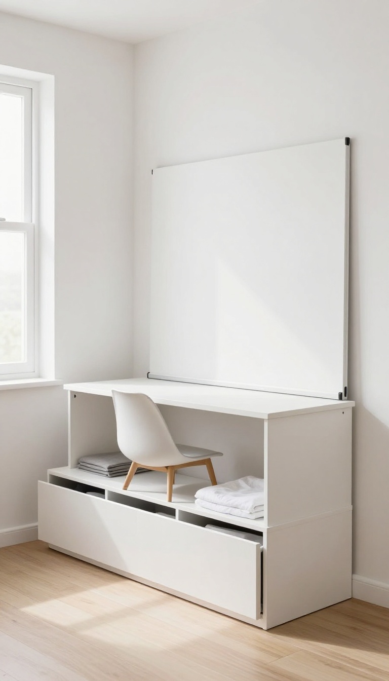 Small bedroom with a storage bed and fold-down desk, demonstrating multi-functional furniture for space-saving and style.