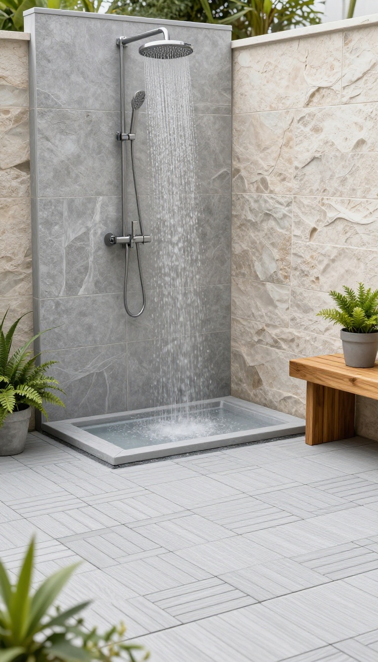Outdoor shower with interlocking plastic deck tiles floor, water draining through the grid pattern