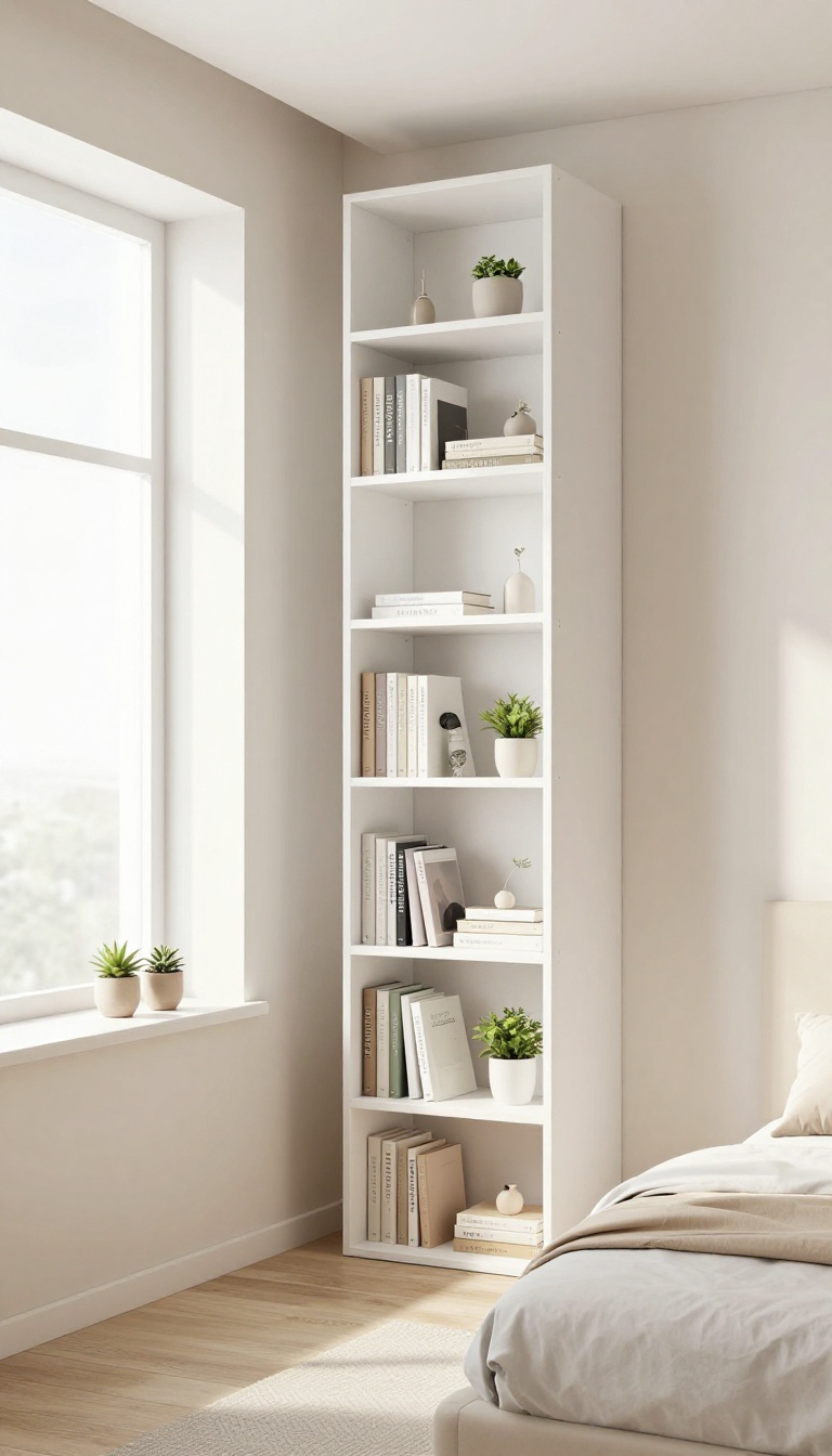 Small bedroom with tall bookshelf and floating shelves for vertical storage