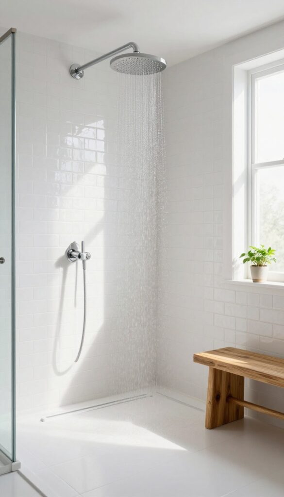 Bright white tile shower with rainfall showerhead, teak bench, and plant